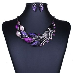 Fashion Jewelry Purple Peacock Metal Statement Necklace & Earring Set